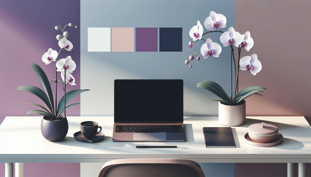 Modern workspace with purple orchids, laptop, tablet, and stylish decor in a pastel-themed office setting.
