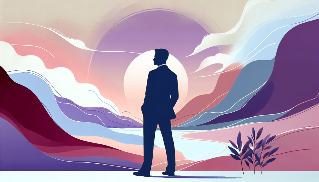 Man stands on mountain at sunset, gazing at stars in a dreamy landscape.
