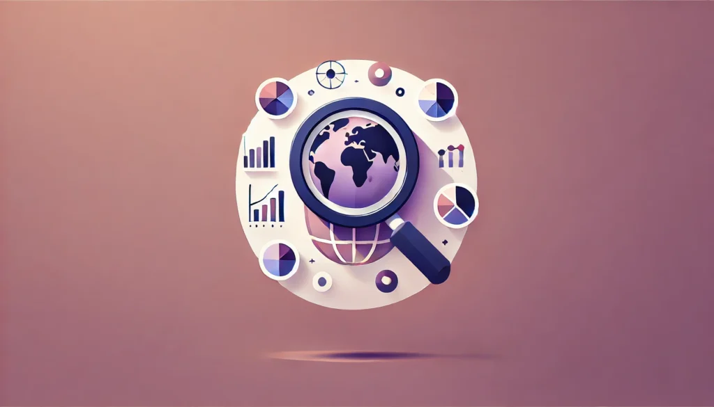 Minimalistic pastel illustration of a magnifying glass over a globe, surrounded by bar charts and pie charts, symbolizing global data analysis and research.