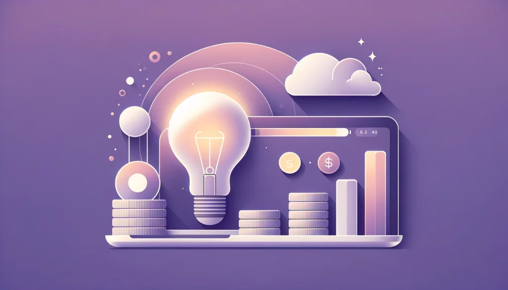 Minimalistic pastel purple illustration featuring a glowing light bulb, stacked coins, and bar graphs on a laptop screen, symbolizing innovative financial insights and cloud-based solutions.