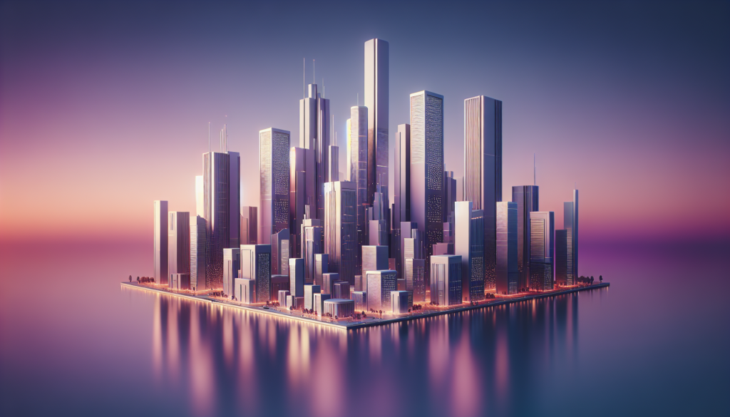 Futuristic cityscape at dusk, skyscrapers reflecting in calm water, vibrant sky hues.