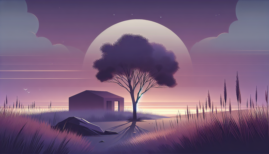 Surreal landscape with silhouette of tree, house, and moon at sunset, creating a tranquil atmosphere.