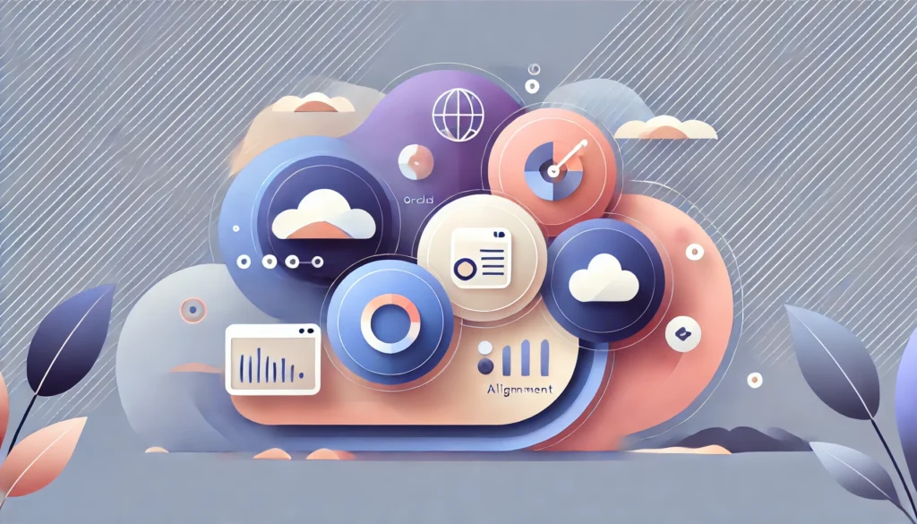 3D pastel illustration of cloud icons, bar graphs, and global connectivity symbols representing data alignment and cloud computing analytics in a futuristic, abstract design.
