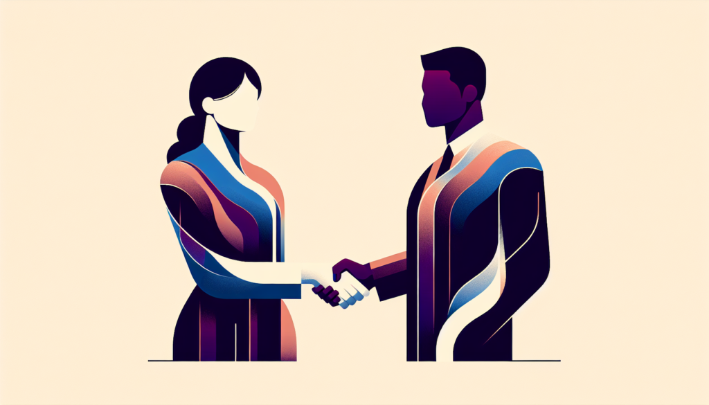 Abstract, colorful illustration of a man and a woman in business attire shaking hands, symbolizing partnership, collaboration, and professional agreement.